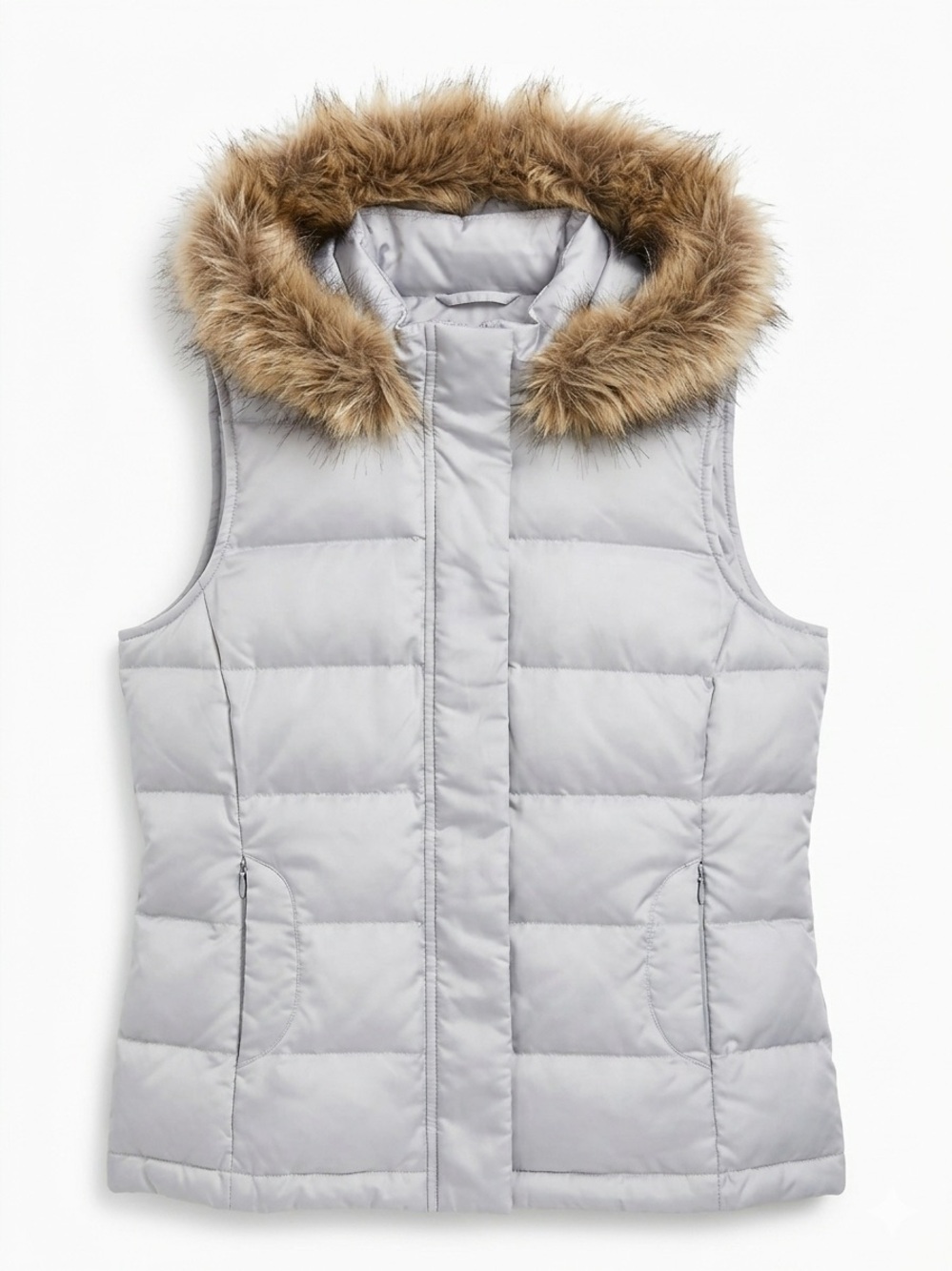Talbots Silver Quilted Puffer Vest with Faux-Fur Hood Trim